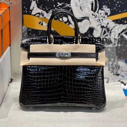 Genuine Leather Handbag LL Handmade wax thread bag 25cm black silver buckle high surface crocodile leather handbag