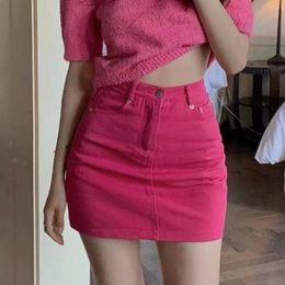 Womens Denim Skirt Summer Tight High Waist Slim Rose Red Sexy A-line Skirt Fashion Trend Y2k Chic Elegant Woman Dancing Rave 240307