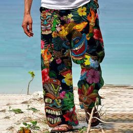 Pants Men Faux Linen Pants Casual Totem 3d Print Wide Leg Trouser Summer Vintage High Street Beach Hawaiian Loose Pants Baggy Trousers