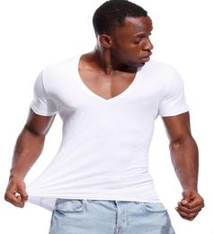 Deep V Neck T Shirt for Men Low Cut Vneck Wide Vee Tee Male Tshirt Invisible Undershirt Model Scoop Hem Slim Fit Short Sleeve MX204967126