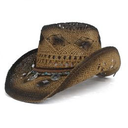 Retro Women Straw Hollow Western Cowboy Hat Lady Roll Up Brim Bohemia Tassel Sombrero Hombre Beach Cowgirl Jazz Sun Hat Q0805244l