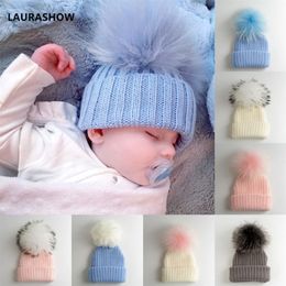 LAURASHOW Kids Winter Fur Pompoms Fur Ball Cap Boys Girls Beanie Fur Knit Child Wool Hat D18110601294v