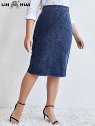 LIH HUA Womens Plus Size Denim Skirt Chic Elegant Skirt For Chubby Women Autumn Knitted Cotton Skirt 240307