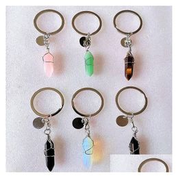 Keychains & Lanyards Wire Wrap Hexagon Prism Reiki Healing Natural Stone Keychains Chakra Amethyst Pink Rose Crystal Key Rings Keyrin Dhvc2