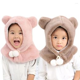 Berets Fashion Winter Thick Baby Hat With Hood Scarf Cute Bear Ear Ball Warm Plush Kids Hats Caps For Boys And Girls Children
