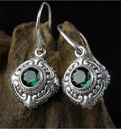 Stud Silver Earrings Baroque antique Thai silver green crystal earrings stone carving hollowed jewelry accessories 2210222654799