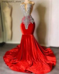 Urban Sexy Dresses Sparkly Red Velvet Mermaid Prom Dress 2023 Beading Sheer Neck Plus Size Formal Graduation Party Dress Robe De Bal Q240307
