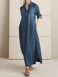 Party Dresses Casual Plain Lapel Collar Roll Tab Sleeve Slit Maxi Shift Dress For Women Vintage Straight A-Line Pockets Denim Long