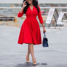 Dresses Red Dress for Office Lady A Line High Waist Deep V Neck Three Quarter Elegant Work Business Fashion Clothing Female Dress Midi