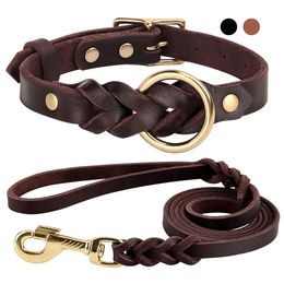 Genuine Leather Dog Collar Leash Set Braided Durable Leather Dog Collars For Medium Large Dogs German Shepherd Pet Accessories 240307