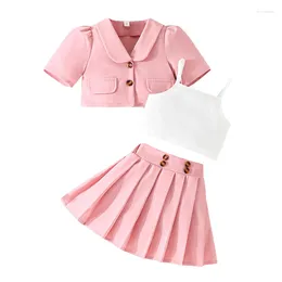 Clothing Sets Kids Girl 3 Piece Outfit Sleeveless Camisole Tops And Elastic Pleat Skirt Button Jacket Set For Toddler Summer Clothes