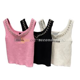 Pearl Neck Vest Women Sleeveless Tanks Top Letters Embroidered Vests Shiny Crystal Knits Tops