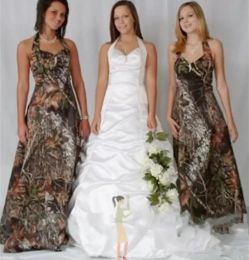 Vintage Realtree Bridesmaid klänningar Modest Halter Stain Backless Outdoor Beach Country Camo Maid of Honor Wedding Party Dress