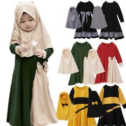 Sets Girls Muslim Ramadan Abaya Kaftan Long Dress Arab Kids Worship Prayer Robe Headscarf Hijab Gown Children EID Clothes