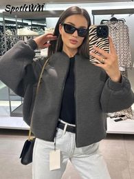 Loose Grey Wool Blends Short Coat Women Solid Long Sleeve Oversize Zipper Bomber Jacket Autumn Casual Warm Cropped Outwear 240307