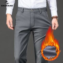 Pants SHAN BAO 2021 Winter Brand Fleece Thick Warm Fit Straight Stretch Pants Classic Leather Business Casual Men's High Waist Pants