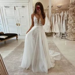 Spagetti boho elbise kayışı aplikler bohemian gelinlikleri dantel gelin elbiseleri trowjurk robe de es