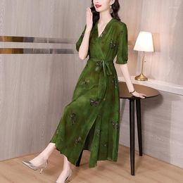 Party Dresses 2024 Summer Holiday Style Satin Waist Belt Slim Split Long DressSilk Retro Printed Mulberry Silk Dress