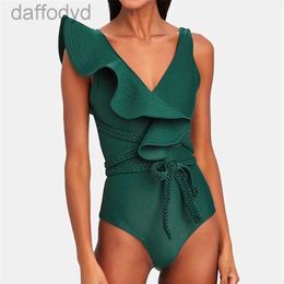 Women's Swimwear Womens Swimwear Women Sexy Swimsuits Deep-v Beach Wear Shoulder Solid Ruffled Plus Size Bathing Suit Summer Micro Bikini 230417 240307