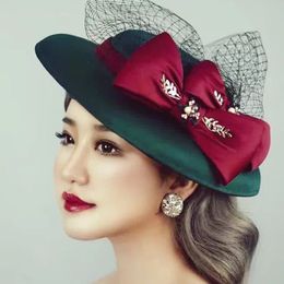 Large Wide Brim Women Winter Hat 2023 Green Fedora Hats Veil Felt Cap Ladies Bow Cloche Caps Wedding Female M157309c