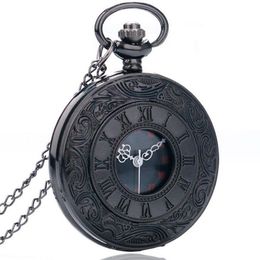 Vintage Charm Black Unisex Fashion Roman Number Quartz Steampunk Pocket Watch Women Man Necklace Pendant with Chain Gifts246m