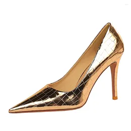 Dress Shoes 2024 Women's High Heels Sexy Pumps Metal Stone Pattern Fine Heel Shallow Mouth Pointed For Women