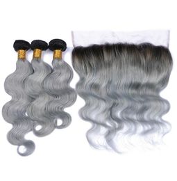 Virgin Peruvian 1B Grey Two Tone Body Wave Human Hair Weaves With 134 Full Lace Frontal Closure Silver Grey 1b Ombre Hair Bundles7037400