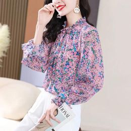 Women's Blouses Elegant Printed Spliced Folds Flare Sleeve Floral Women Clothing 2024 Spring Loose All-match Tops Office Lady Shirts