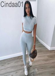 Women Yoga Tracksuits Solid Two Piece Jogger Set New Fashion Casual Short Sleeve Navel Top Slim Sportswear2606906