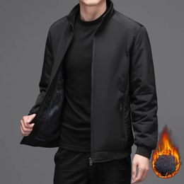 Autumn Winter Men Casual Jackets Fleece Liner Warm Solid Stand Collar Business Jackets Zipper Coat Male Bomber Jacket Outwear 240228