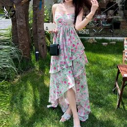 Casual Dresses Y2K Clothes Holiday Beach Floral Print Slim Ruffles Irregular Spaghetti Strap Maxi For Women Vacation Chic Party Robe Z