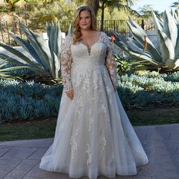 Classic V Neck A Line Wedding Dresses Empire Waist Plus Size Long Sleeves Bride Gowns Appliques Lace Backless Sweep Train Tulle Vestido De Novia