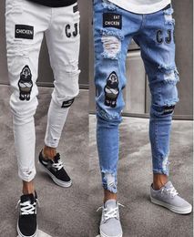 US Popular Eat Chicken BLue white men skinny pencil jeans Punk Streetwear Hiphop slim Ripped hole badge men long pants trousers9777386