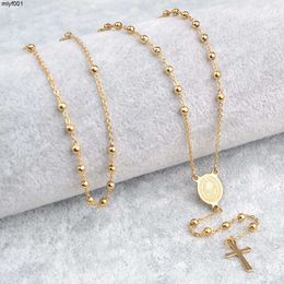 Pendant Necklaces Virgin Mary St Benedict Catholic Prayers Yellow Gold Women Religious Long Rosary Necklace New with Box