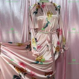 Dress Floral Print Glossy Women Satin Long Sleeve Dress Loose Lace Up Maxi Dress Plus Size Sleeping Robe