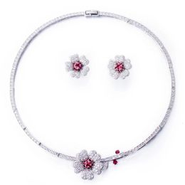 CWWZircons Druzy CZ Stone Big Red Flower Wedding Bridal Choker Necklace and Earrings Party Costume Jewelry Sets for Brides T0518 240228