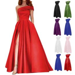 Dress One Shoulder Satin Evening Dress Birthday Party Long Dress Green White Red High Slit Womens High Low Tunic Evening Dresses