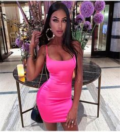 Stretch Mini Satin Sexy Straps Slim Fit Bodycon Party women drs Neon Pink Summer Dreses Dual-layered bodysuit size drs LYQ4188693411