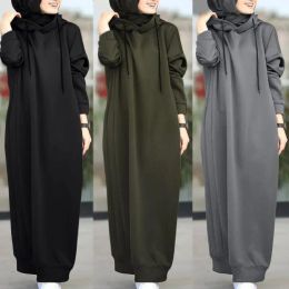 Dress Muslim Dress Autumn/Winter Women's Sweatshirt Fashion Hooded Long Sleeve Long Dress Casual Solid Colour Hooded Tank Top Robe