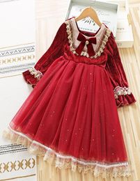 Children christmas party dresses girls velvet splicing sequins lace tulle dress kids Bows tie embroidery falbala sleeve princess c2050669