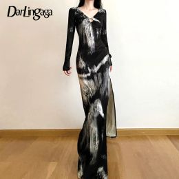 Dress Darlingaga Vintage Tie Dye Autumn Dress Long Sleeve V Neck Y2K Tie Dye Sexy Party Dress Maxi Side Slit Grunge Fairycore Outfits