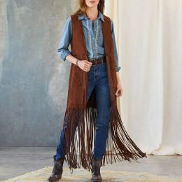 Waistcoats New Womens Vest Coat Suede Faux Fur Ethnic Sleeveless Long Princess Vests Tassels Fringed Rivet Fashion Cardigan