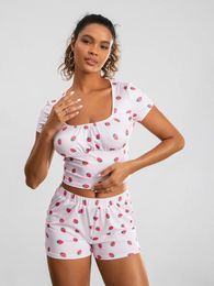 Women's Sleepwear Cute Pajama Set For Women Strawberry Print Short Sleeve Square Neck T-shirt With Shorts Loungewear