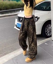 Women's Jeans High Waist Womens Vintage Straight Baggy Leopard Print Pants Streetwear American Fashion Casual Wide Leg Denim Trouser