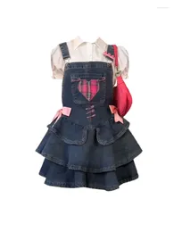 Work Dresses Harajuku High Quality Preppy Style2 Piece Skirt Set Women Polo-Neck Lantern Sleeve Shirts Kawaii Sweet Bow Denim Strap Dress