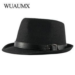 Wuaumx Autumn Winter Retro Jazz Hats Middle Aged Men Felt Fedoras Cap For Male Solid Trilby Panama Hat Black Bowler Wide Brim210j