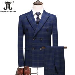 Suits ( Jacket + Vest + Pants) S5XL Brown Retro Plaid Suit Spring and Autumn British Style Mens Suit Groom Wedding Dress Classic 3Pcs