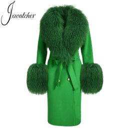 Blends Wool Cashmere Coat Women with Luxury Real Mongolian Sheep Fur Collar Ladies Double Faced Coat Belt Winter Autumn Long Trench