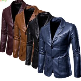 2023 Spring Autumn Fashion Mens Lapel Leather Dress Suit Coat Male Business Casual Pu Blazers Jacket 240223