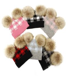 Baby Hat Knit Crochet Beanie With Double Pompom Fur Ball Pom Christmas Plaid Toddler Kid Winter Warm Headwear Boy Girl Cap4707883